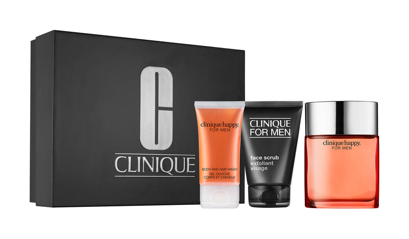 CLINIQUE - Happy para hombre / SET - 100 ml Eau De Cologne Spray + 100 ml Face Scrub + 50 ml Body and Hair Wash