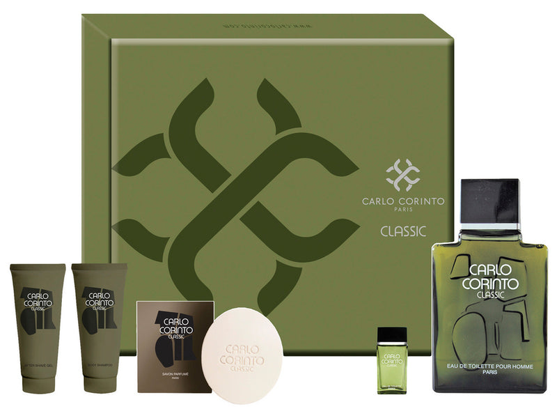 CARLO CORINTO - Carlo Corinto Classic para hombre / SET - 400 ml Eau De Toilette Spray + Mini fragancia EDT 10 ml + Body shampoo 100 ml + After Shave gel 100 ml + Jabón 150 gr